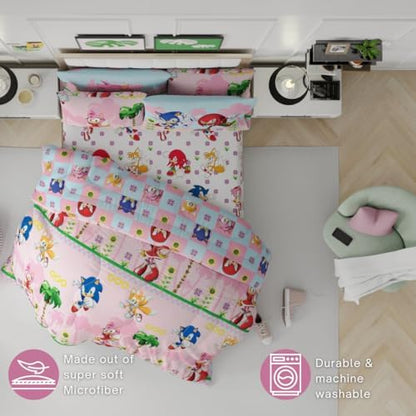 Franco Sonic The Hedgehog Amy Rose Anime Kids Bedding Super Soft Comforter and Sheet Set with Sham, 7 Piece Full Size, (Officially Licensed Product) Kids