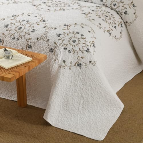 MarCielo 3pcs Cotton Quilt Set White Gray Floral
