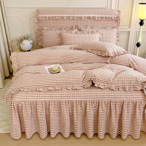 LifeTB Pink Gingham Comforter Set Full Ruffle Pink Plaid Comforter Set 3 Pieces Grid Checkered Pattern Comforter with 2 Pillowcases Fluffy Boho Farmhouse Gingham Bedding Comforter for All Seasons