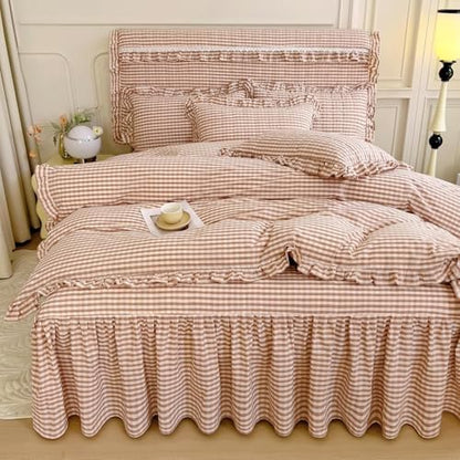 LifeTB Pink Gingham Comforter Set Full Ruffle Pink Plaid Comforter Set 3 Pieces Grid Checkered Pattern Comforter with 2 Pillowcases Fluffy Boho Farmhouse Gingham Bedding Comforter for All Seasons