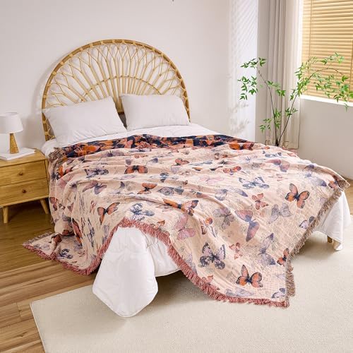 VANJOROY Boho Throw Blanket, 100% Organic Cotton Breathable Ultra Soft 80" x 90" Bed Quilt Throw - All Season Floral Rustic Farmhouse Decor Luxury Reversible Blanket for Sofa Couch Chair and Gift