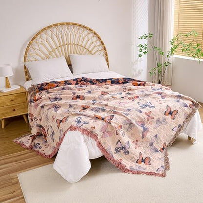 VANJOROY Boho Throw Blanket, 100% Organic Cotton Breathable Ultra Soft 80" x 90" Bed Quilt Throw - All Season Floral Rustic Farmhouse Decor Luxury Reversible Blanket for Sofa Couch Chair and Gift