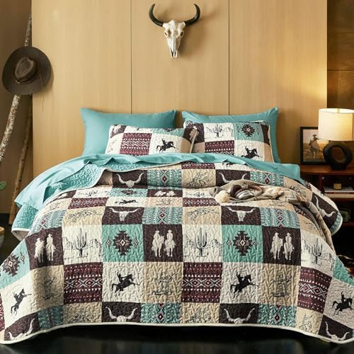 Wake In Cloud - Western Quilt Set, Southwestern Aztec Country Horse Cowboy Rustic Ranch Pattern Printed, Reversible Lightweight Bedspread Coverlet, 3 Pieces, Turquoise Taupe, Twin/Twin XL Size