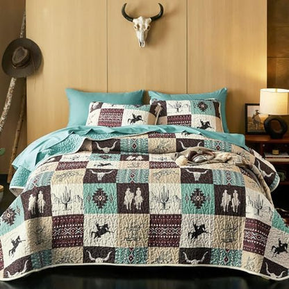 Wake In Cloud - Western Quilt Set, Southwestern Aztec Country Horse Cowboy Rustic Ranch Pattern Printed, Reversible Lightweight Bedspread Coverlet, 3 Pieces, Turquoise Taupe, Twin/Twin XL Size