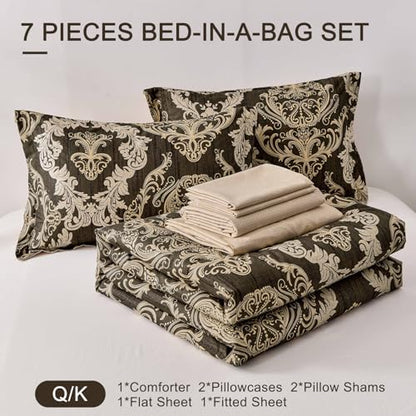 WONGS BEDDING 7 Pieces Comforter Set King Size,Damask Texture Design Bed in a Bag Bedding Sets,Brown Soft Lightweight Microfiber Bedding Set for All Season