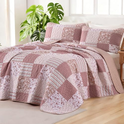Mybedsoul Pink Boho Quilt King Size, Patchwork Reversible Bedding Set