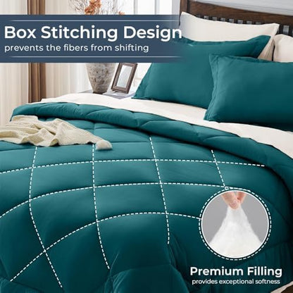 HEVUMYI 5-Piece Twin Comforter Set, Peacock Blue & Ivory Bed in a Bag