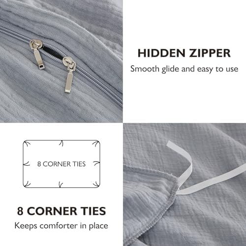 EMME Muslin Cotton Duvet Cover Set Linen Like Light Grey Queen