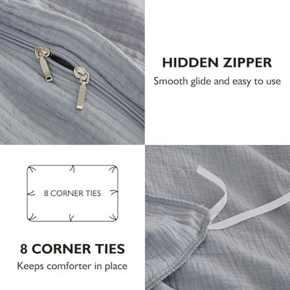 EMME Muslin Cotton Duvet Cover Set Linen Like Light Grey Queen