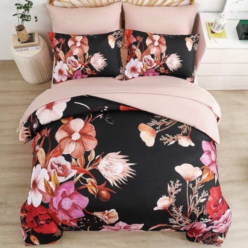 Luxudecor Floral Comforter Set King Size 7 Piece, Red Flower Bed in a Bag, Elegant Comforter Bedding Set for All Season (Red, 104"x90")
