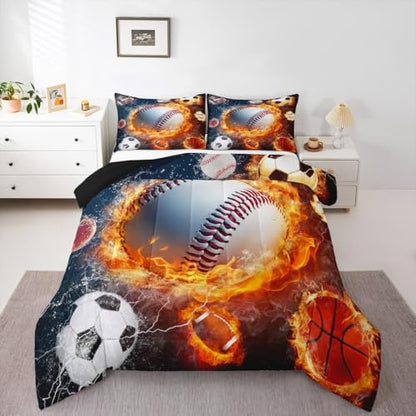 Erosebridal Kids Baseball Bedding Set for Boys King Teen Sports Baseball Comforter Set Football Soccer Bedding Comforters,Lightning Basketball Quilt Duvet Red Blue Water Fire Decor All Season 3 Pcs