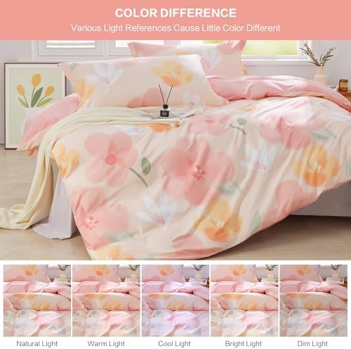 SAPHREAS Pink Floral Duvet Cover Set 2pcs Twin Size Botanical Bedding Comforter Cover Set 100% Cotton 1 Duvet Cover 68"x90" 1 Pillow Sham, Comforter Not Included