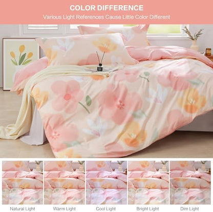 SAPHREAS Pink Floral Duvet Cover Set 2pcs Twin Size Botanical Bedding Comforter Cover Set 100% Cotton 1 Duvet Cover 68"x90" 1 Pillow Sham, Comforter Not Included