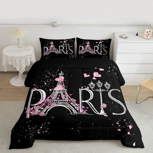 Feelyou Eiffel Tower Comforter Set Chic Paris Bedding Set Romantic Theme Comforter for Boys Girls Children Teens Black Pink Bedroom Decor Modern French Style Duvet Set Queen Size with 2 Pillow Case