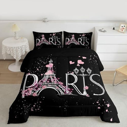 Feelyou Eiffel Tower Comforter Set Chic Paris Bedding Set Romantic Theme Comforter for Boys Girls Children Teens Black Pink Bedroom Decor Modern French Style Duvet Set Queen Size with 2 Pillow Case