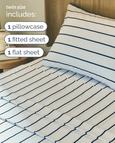 Twin 3 Piece Striped Sheet Set - Soft, Breathable & Cooling - Navy Stripe