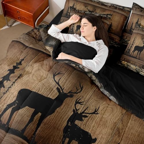 Erosebridal 7 Piece Hunting Deer Queen Size Comforter Set Rustic Cabin Western Bedding Sets with Sheets | Woodland Wildlife Print Bed in A Bag for Kids Adults Farmhouse Wooden Stone Decor Bed Set