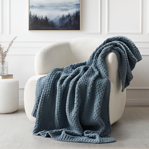 EVERGRACEHOME Chunky Chenille Knit Throw Blanket, 60 x 80, Stormy Blue