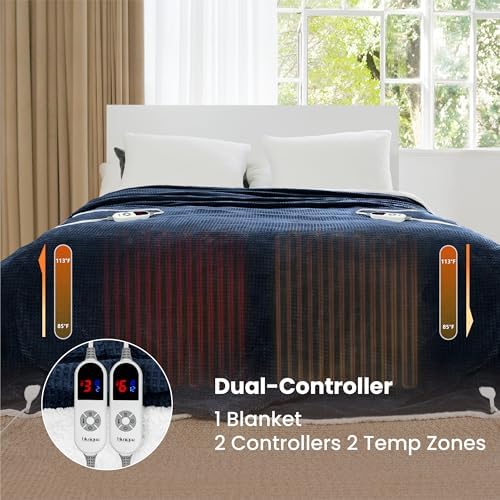 Heated Blanket Electric Blanket Queen Waffle,84x90 Inches Sherpa Fleece Fast Heating Blanket 6 Heating Levels & 10 Hours Auto Off ETL Certification, Navy Queen