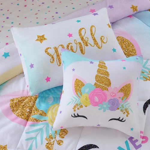 Cokouchyi Full Size Comforter Set for Girls, 6-Piece Bed in a Bag, 3D Colorful Unicorn Bedding Comforter Sheet Set, Ultra Soft and Fluffy, Pink & Rainbow Color