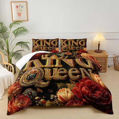 King and Queen Comforter Set Black and Gold，King and Queen Bedding Set，Red Floral Quilt Set Queen Size，with 1 Comforter with 2 Pillow Case