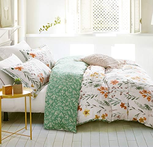 SLEEPBELLA Queen Size Comforter Set Yellow Flowers & Green Botanical Pattern Printed on White 100% Cotton Fabric, Ultra Soft Microfiber Inner Fill 3Pcs Bedding Set