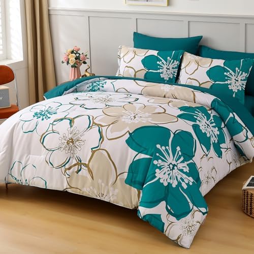 Anibedding 7Pieces Teal Grey Floral Comforter Set Queen Size, Soft Microfiber Grey Blue Bed in a Bag Comforter Set with Sheets for All Season