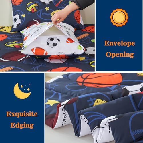 RYNGHIPY Boys Queen Bedding Set 3 Pieces Sport Themed Comforter Set for Kids Teens Breathable Soft Bed Quilt Set with Soccer Basketball Football Baseball Tennis Print Decor (Navy-Ball, Queen)