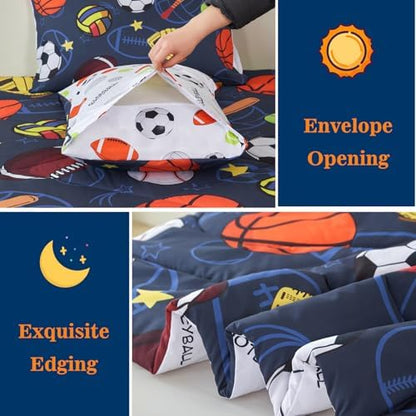 RYNGHIPY Boys Queen Bedding Set 3 Pieces Sport Themed Comforter Set for Kids Teens Breathable Soft Bed Quilt Set with Soccer Basketball Football Baseball Tennis Print Decor (Navy-Ball, Queen)
