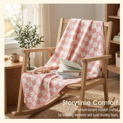 Ultra-Soft Muslin Baby Blanket - Swaddle & Crib for Girls, Pink Checkered (1-Pack)