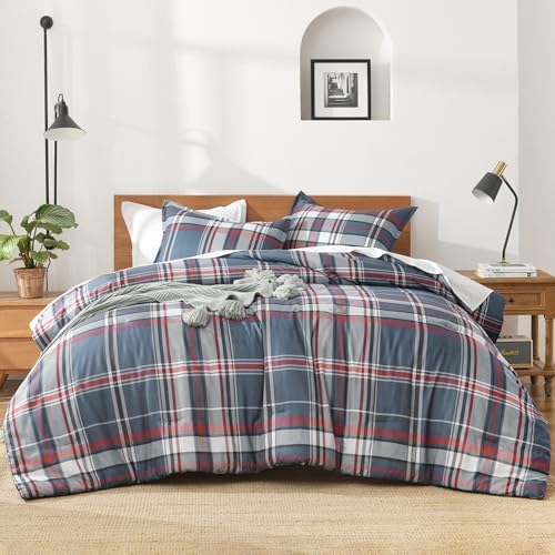 Andency Navy Plaid Comforter Set Full, Gingham Checkered Grid Bedding Set