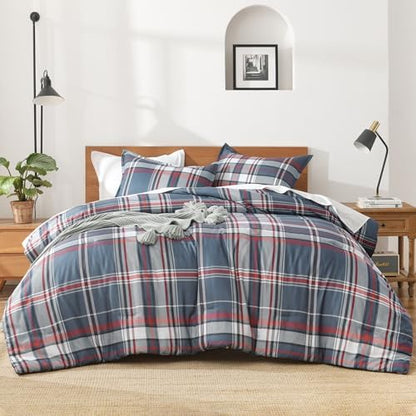 Andency Navy Plaid Comforter Set Full, Gingham Checkered Grid Bedding Set