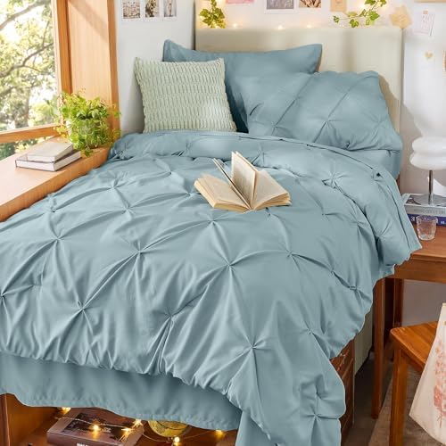 Sasttie Twin XL Comforter Set, 5-Piece Bed in a Bag, Pintuck Bedding Sets for All Season, Includes Comforter, Flat Sheet, Fitted Sheet, Pillowcase and Pillowsham, Greylish Blue