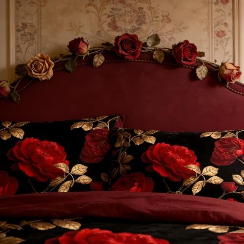 CCoutueChen Vintage Floral Comforter Set Full Size, Red and Black Bedding Set with Gold Botanical Leaves, Dark Burgundy Soft Microfiber Comforter for Adult Women, 3Pcs 2 Pillowcases / 79"x90"