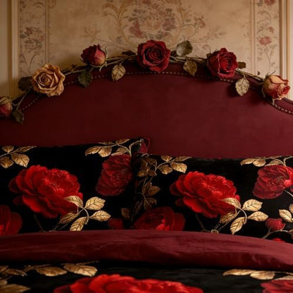 CCoutueChen Vintage Floral Comforter Set Full Size, Red and Black Bedding Set with Gold Botanical Leaves, Dark Burgundy Soft Microfiber Comforter for Adult Women, 3Pcs 2 Pillowcases / 79"x90"