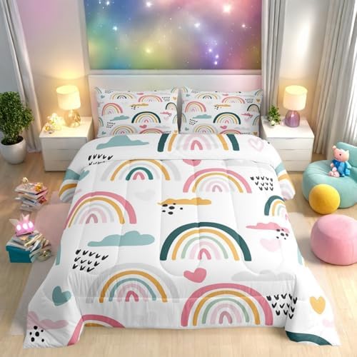 Rainbow Comforter Set Cartoon Rainbow Bedding Set King Size for Kids Girls Boys Nursery Toddler Hand Drawn Iridescent Print Down Comforter Colorful Clouds Love Heart Quilt Duvet Set 2 Pillow Cases