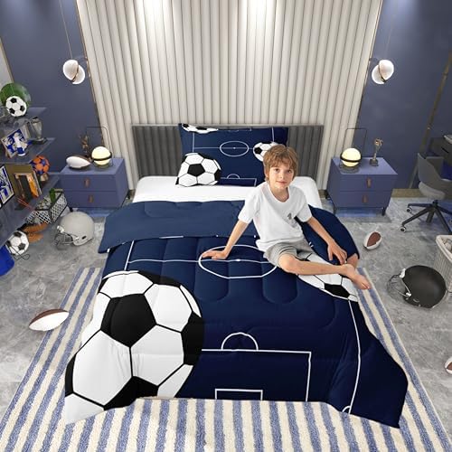 Castle Fairy Football Comforter Set Toddler Size,Boys Sports Theme Comforter for Kids Teens,Soccer Ball Gaming Down Comforter,Football Court Quilt Bedroom Decor 2 Pcs 1 Pillowcase,Blue White