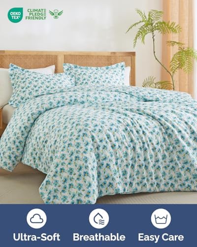 Duvet Cover Queen Size - Floral Duvet Cover - 3 Piece - Blue Peony