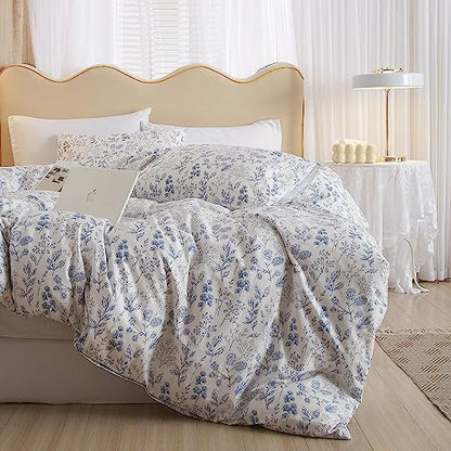 LifeTB Boho Floral Duvet Cover Twin Soft Cotton Blue Floral Bedding Sets Vintage Style Chic Flower Botanical Aesthetic Floral Comforter with Zipper Closure Twin(68''x86'')