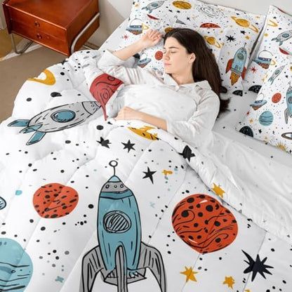 Erosebridal Outer Space Rocket 7 Piece Bedding Set Twin Galaxy Comforter Set with Sheets Kids Boys Cartoon Bed in A Bag Universe Starry Sky Cosmos Bed Sets with 2 Pillowcases, 2 Throw Pillow Covers