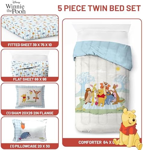 Disney Winnie The Pooh Twin Comforter Set 5 Piece Kids Bedding, White