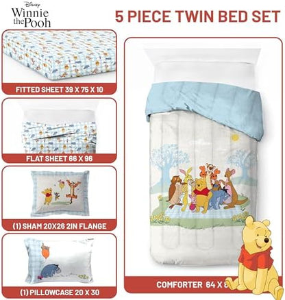 Disney Winnie The Pooh Twin Comforter Set 5 Piece Kids Bedding, White