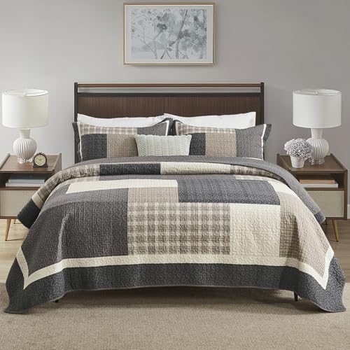 Finlonte 100% Cotton Queen Quilt Set, Farmhouse Plaid Queen Quilted Bedspread, Brown Beige Black Lightweight Comforter Bedding Set for All Season, 3-Piece