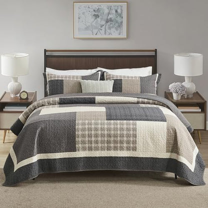 Finlonte 100% Cotton Queen Quilt Set, Farmhouse Plaid Queen Quilted Bedspread, Brown Beige Black Lightweight Comforter Bedding Set for All Season, 3-Piece
