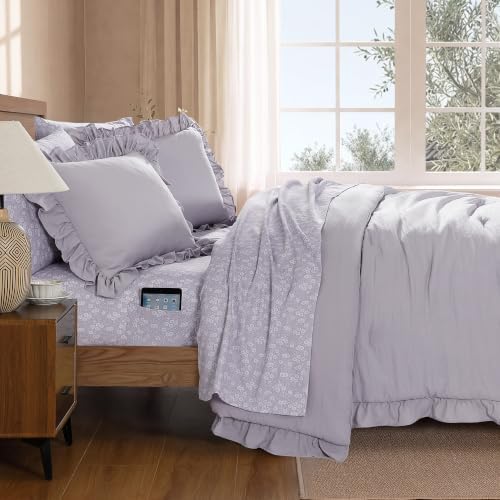 BLOOMHAVEN Queen Comforter Set-7 Pieces Ruffle Bedding with Floral Sheet