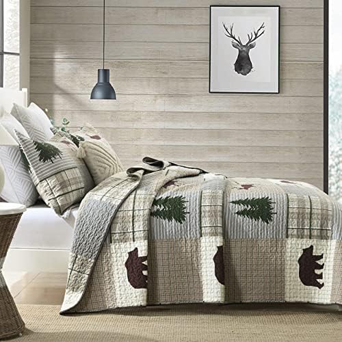 PERHOM Quilt King Size - 100% Cotton Lightweight Cabin Plaid King Quilt Bedding Set, Forest Tree Brown Bear Deer Patchwork Reversible Bedspread/Coverlet/Comforter Set with 2 Shams, 3PCS