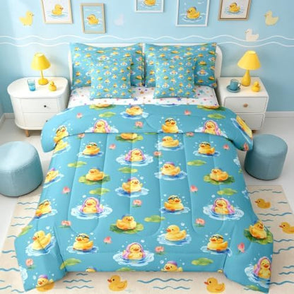 Erosebridal Yellow Rubber Duck King Comforter Set with Sheets 7 piece Cartoon Ducks Bed in A Bag Funny Animal Lotus Bedding Sets for Kids Adults,Cute Pet Rustic Animal Bed Set