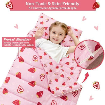 Toddler Nap Mat for Preschool 50''x30'' Sleeping Mat with Removable Pillow and Minky Blanket for Kids Ages 3-7 Roll Up Soft Sleeping Bag for Boys Girls Kindergarten Daycare Sleepover