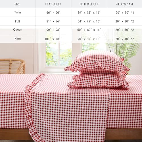 Gingham King Sheet Set, Lightweight Super Soft Brushed Microfiber Plaid Bed Sheets with 16" Deep Pocket, 4 Piece Ruffle Farmhouse Bedroom Decor, Red