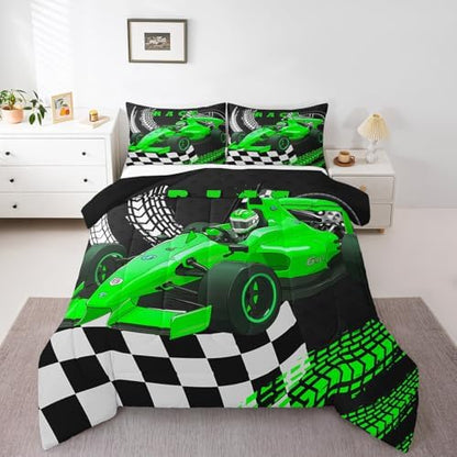 Go Kart Toddler Race Car Bed for Boys,Black and White Checked Plaid Drift Kart Comforter Set Toddler Bedding Sets for Boys,Square Grid Lattice Quilt,Green Karting Extreme Sport Duvet Insert King